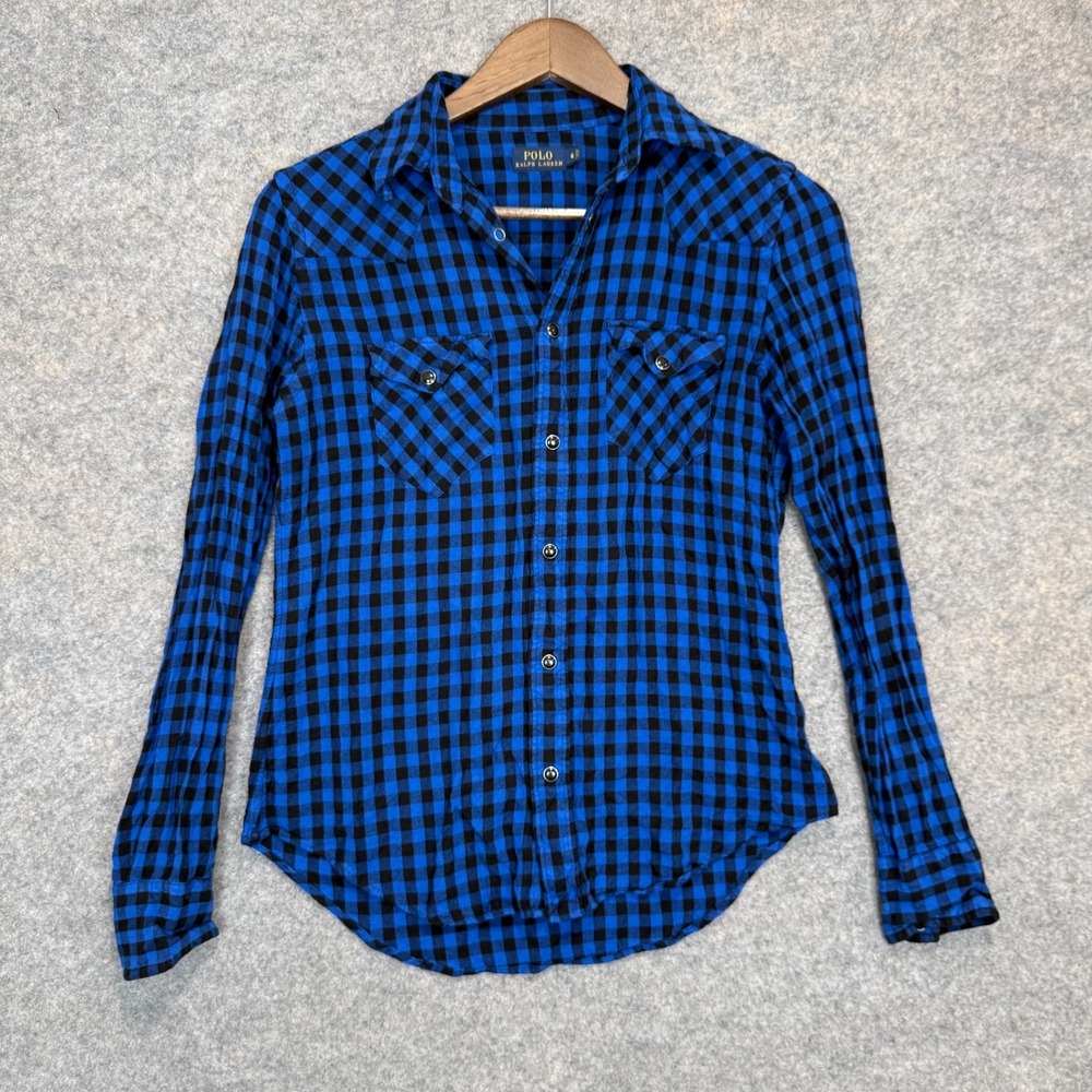 Polo Ralph Lauren Checkered Western Pearl Snap Shirt Womens 6 Blue Rodeo Viscose